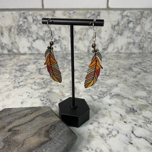 Wooden Cutout Dangle Earring - Feather