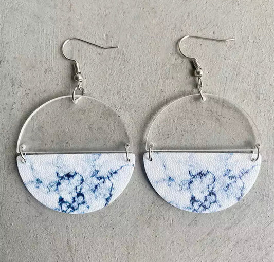 Faux Leather Earrings - Half Acrylic Blue Marble