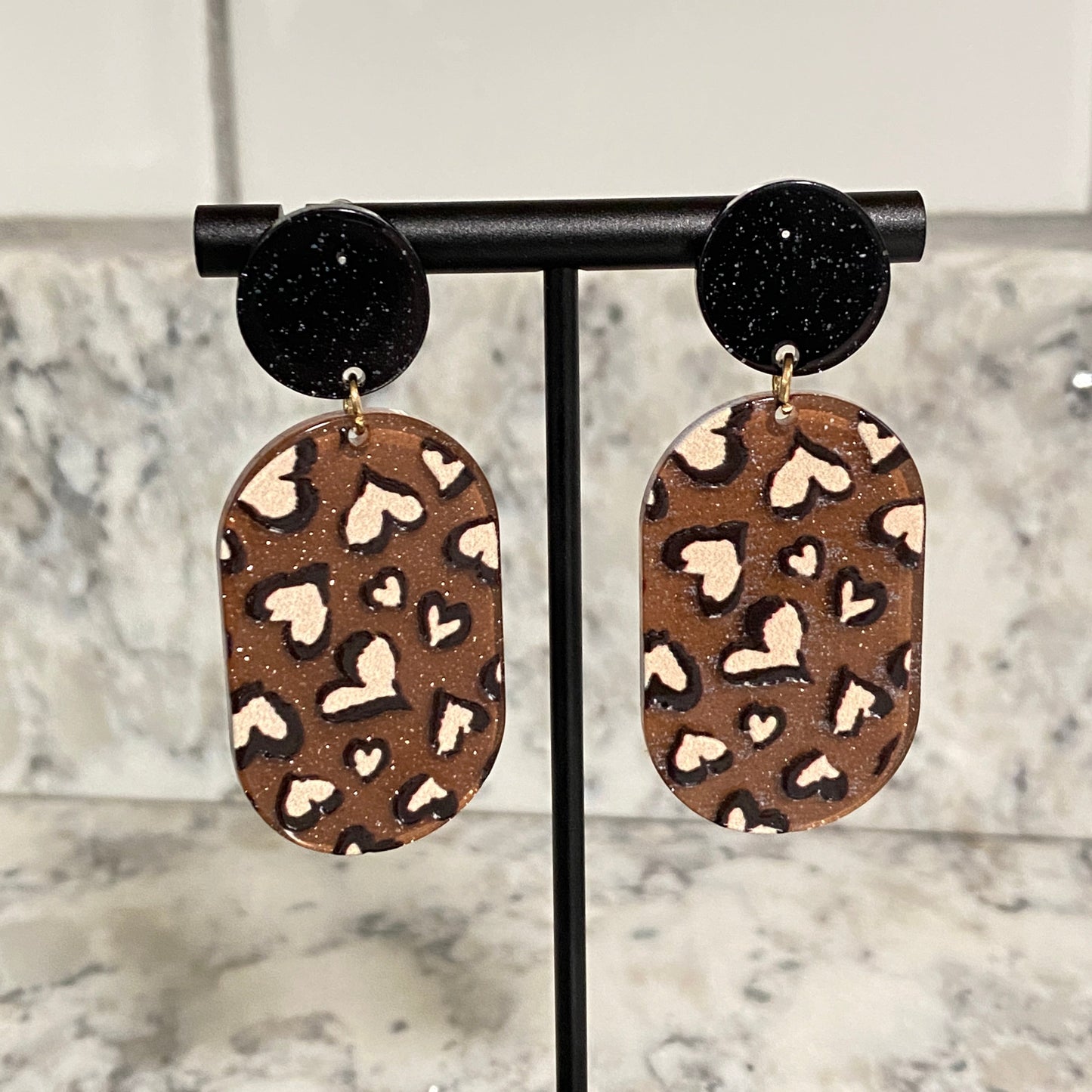 Dangle Earrings - Oval Leopard Print Heart