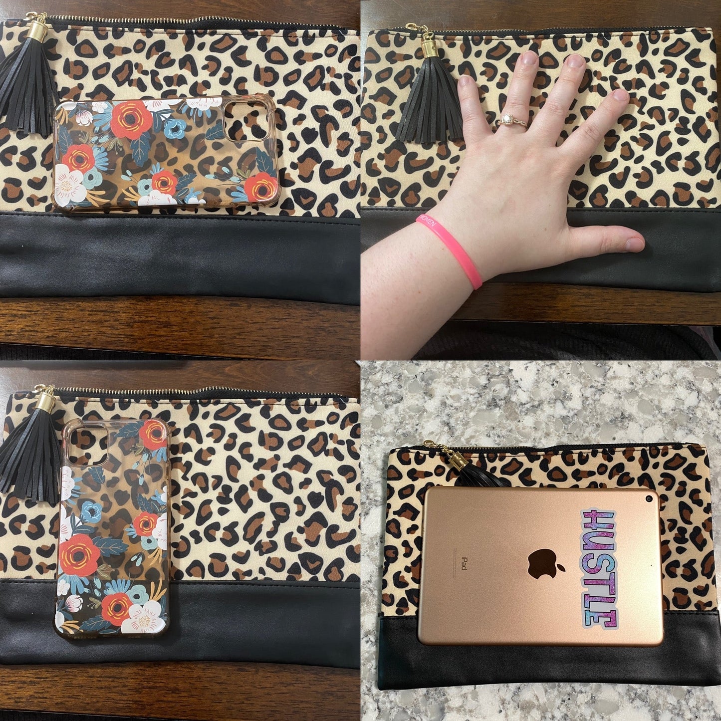Clutch - Oversized Faux Leather & Canvas - White Plaid
