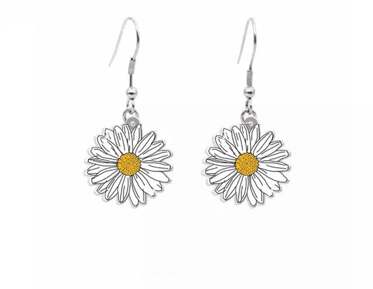 Acrylic Hook Earrings - White Daisy