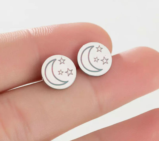 Metal Stud Earrings - Round Moon & Star