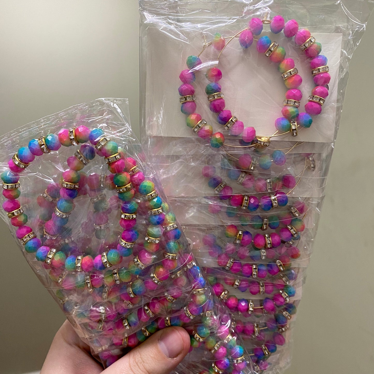 Metal Hoop Earrings - Rainbow Bead