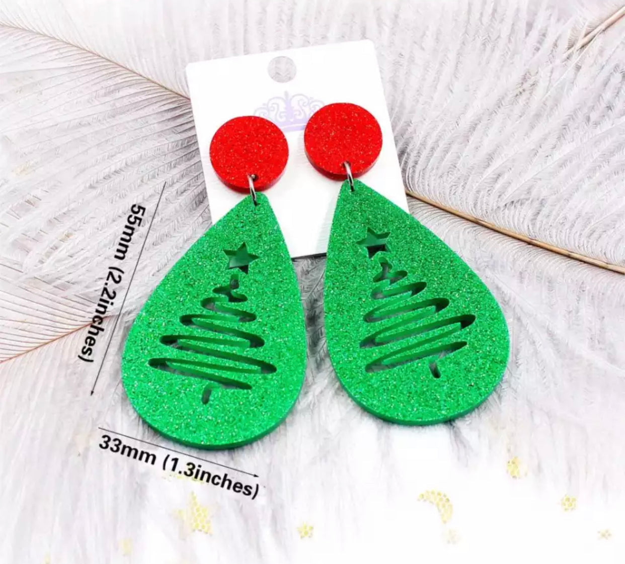 Acrylic Stud Dangle Teardrop Earrings - Green Tree - Christmas