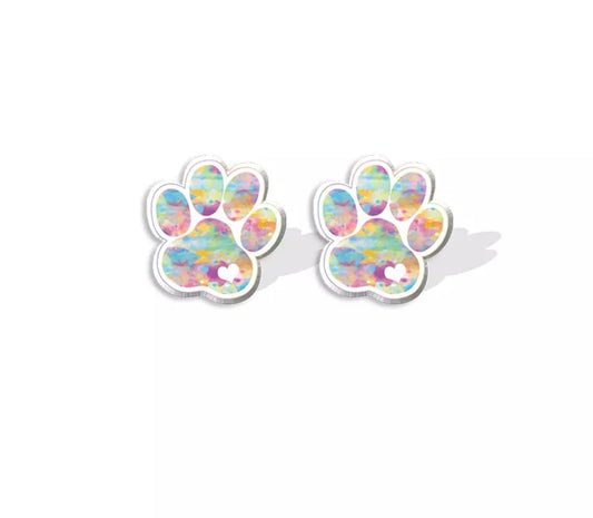 Acrylic Stud Earrings - Tie Dye Heart Paw