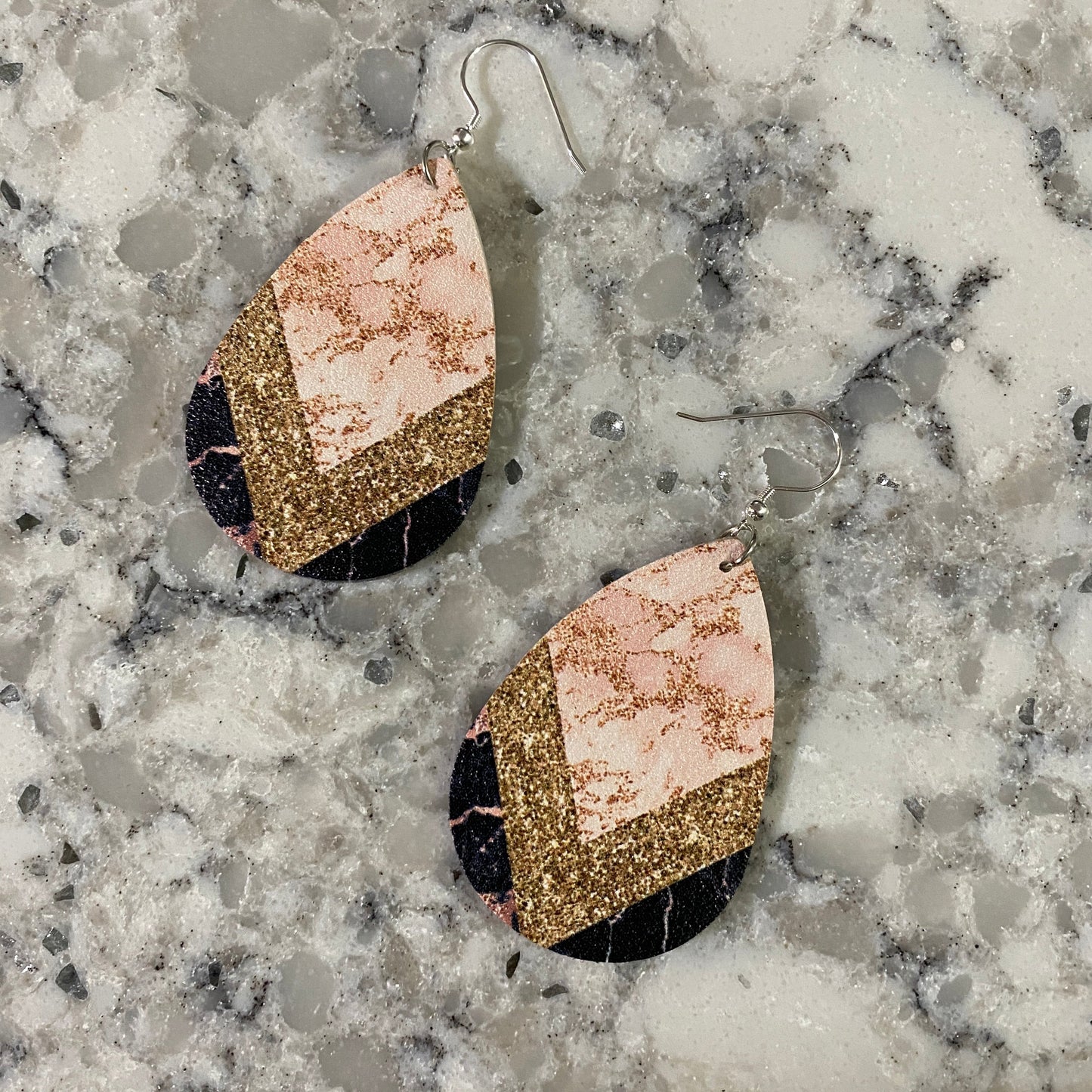 Faux Leather Earrings - Pink & Gold Glitter Chevron Teardrops