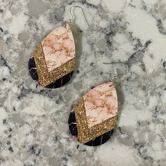 Faux Leather Earrings - Pink & Gold Glitter Chevron Teardrops